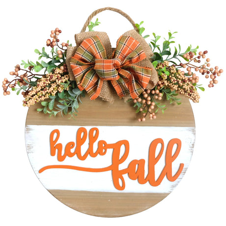 Welcome Sign for Front Door 12" Wood Wreath Farmhouse Door Sign for Front Door Porch Decor with Green Leaves, Berry & Buffalo Bow idyllic