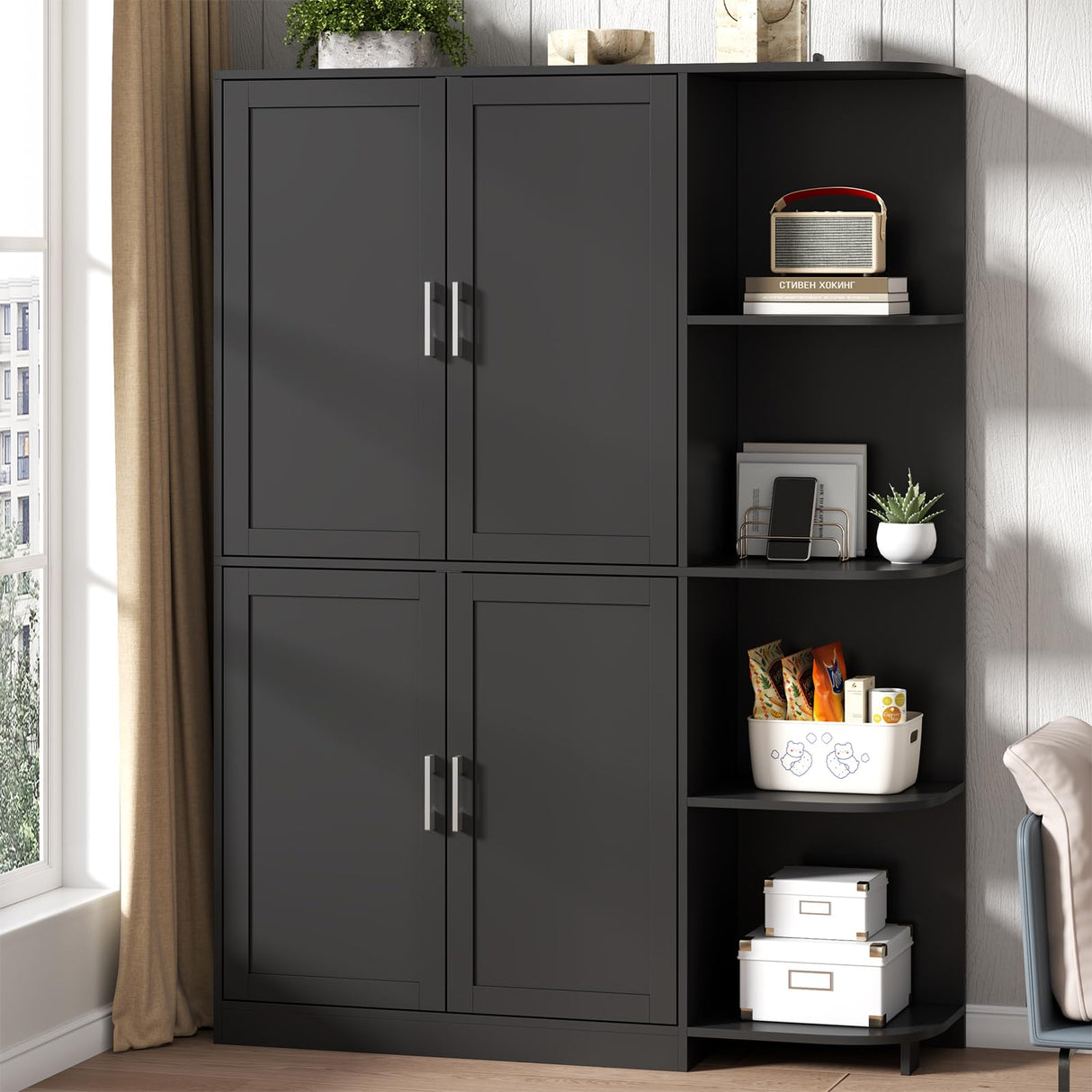 Loomie Kitchen Pantry Storage Cabinet, Food Pantry Cabinet with Doors & Adjustable Shelves, 64" Tall Kitchen Cabinet with 5-Tier External Shelf, Freestanding Cupboard for Kitchen (Black) Loomie