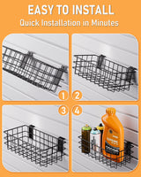 INCLY 4 Pack Black Slatwall Baskets Set, Ventilated Metal Hanging Storage Slat Wall Basket, Mounted Slatwall Accessories for Garage Rooms Shops Storage Organizing Display on Slatwall Panels INCLY