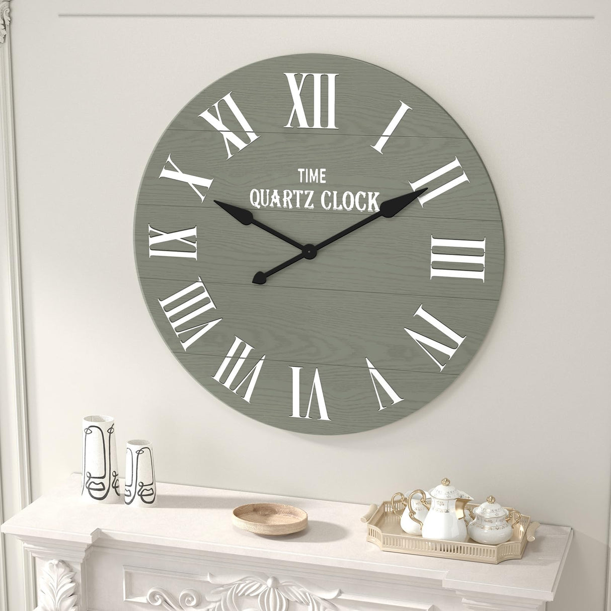 ARTPOWER Large Farmhouse Wall Clock, 35.5” Shiplap Wall Clock with Roman Numeral, Nearly Non-Ticking, Round Wall Clocks for Living Room Decor, Office, Bedroom, Entrance, Sage Green ARTPOWER