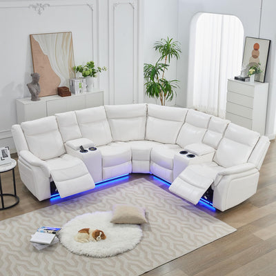 TODRANI Power Reclining Sectional Sofa 5 Seater, Faux Leather Reclining Sectional Couches for Living Room with Wall Hugger Recliner, L Shaped Furniture Sofa Sets with LED Light, USB Port, White