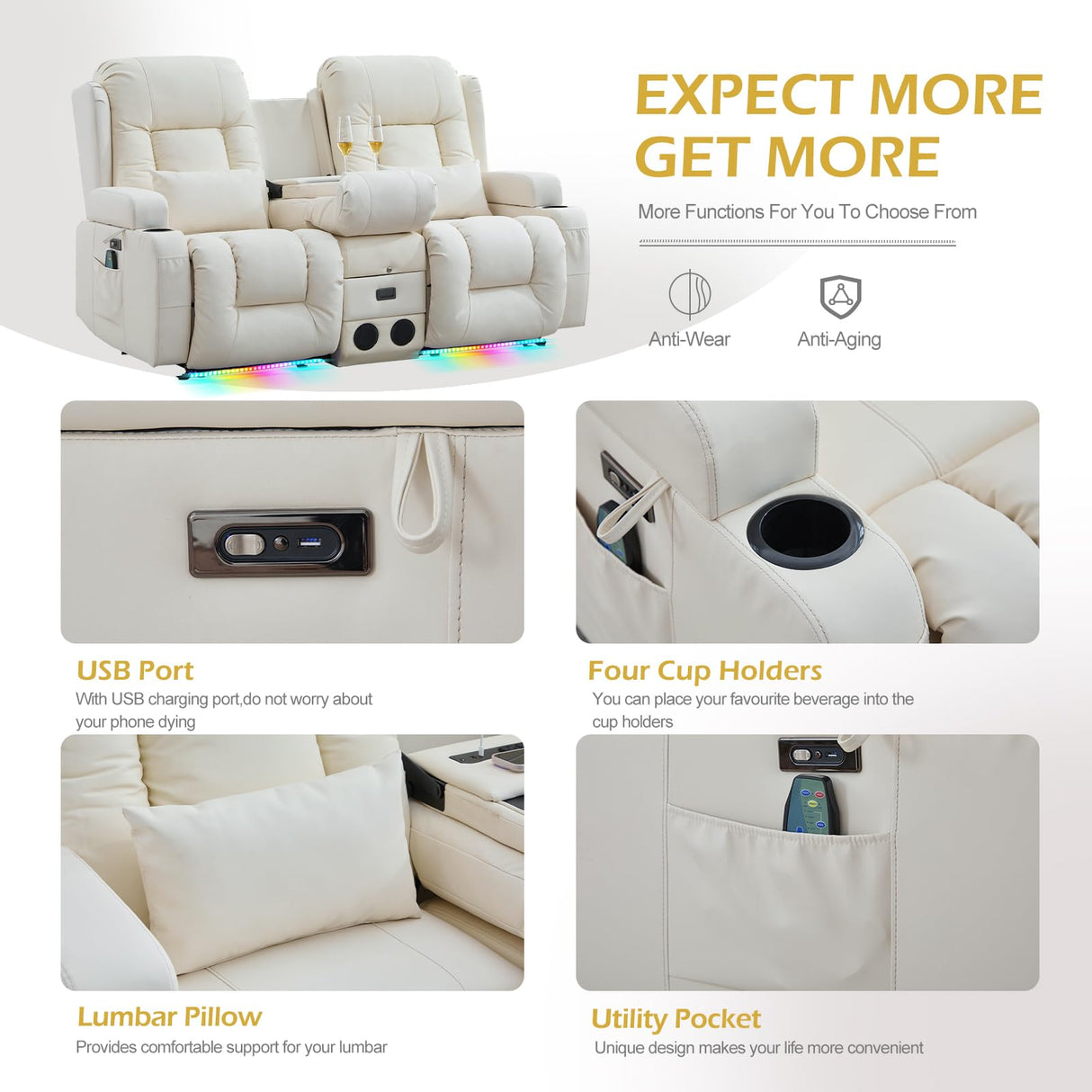 SENIFIS Loveseat Recliner Sofa, Leather Sofa with Massage & Heating, Home Theater Seating Power Reclining Loveseat with Outlet/LED Light/Cup Holders/Speaker/USB (Beige, Loveseat with Console) SENIFIS