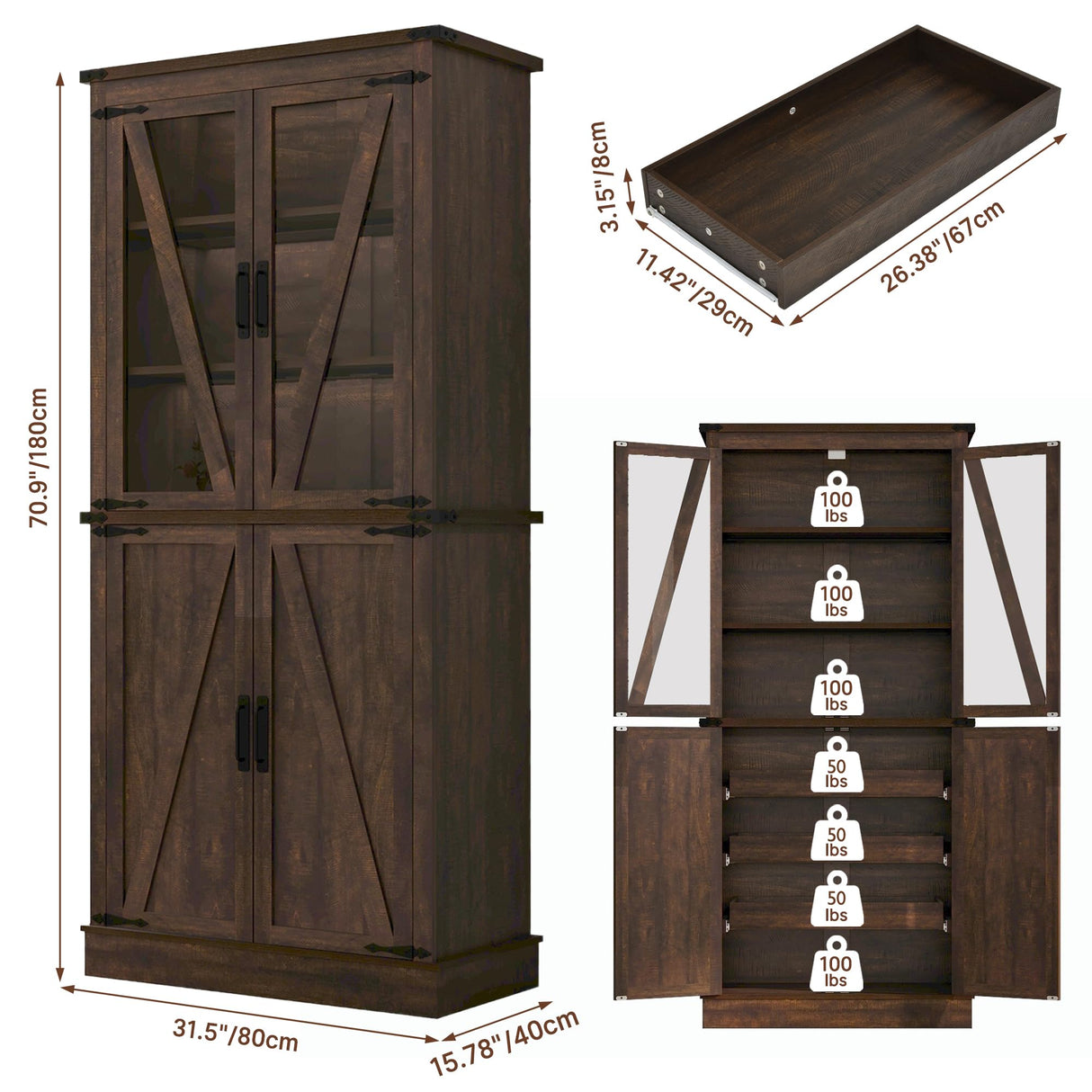 71" Tall Kitchen Pantry Cabinet with 3 Pack Pull Out Drawers for Cabinets,Farmhouse Storage Cabinet with Load-Bearing Steel Pipe,Pantry Organizers and Storage for Kitchen,Dining Room(Antique Brown) chartustriable