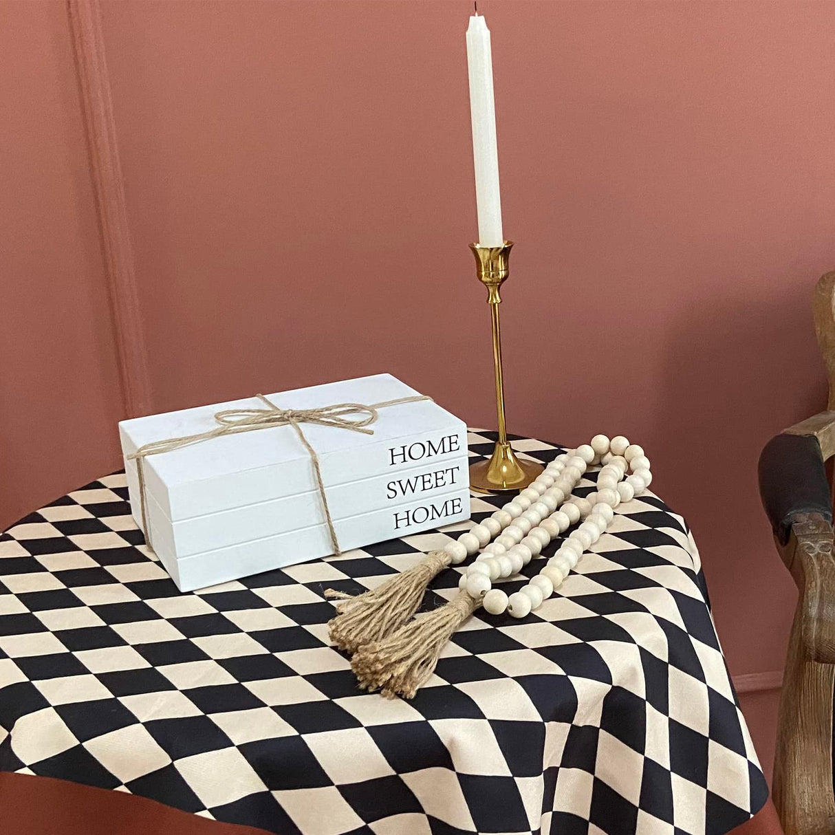 Decorative Books for Home Decor, White Faux Books for Decoration, Rustic Farmhouse Stacked Display Books with 52in Wood Bead Garland for Coffee Tables Living Room, (Home Sweet Home) OMISHE