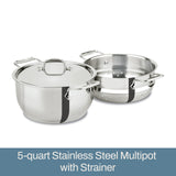 All-Clad Specialty Stainless Steel Stockpot, Multi-Pot with Strainer 3 Piece, 5 Quart Induction Oven Broiler Safe 600F Strainer, Pasta Strainer with Handle, Pots and Pans Silver All-Clad