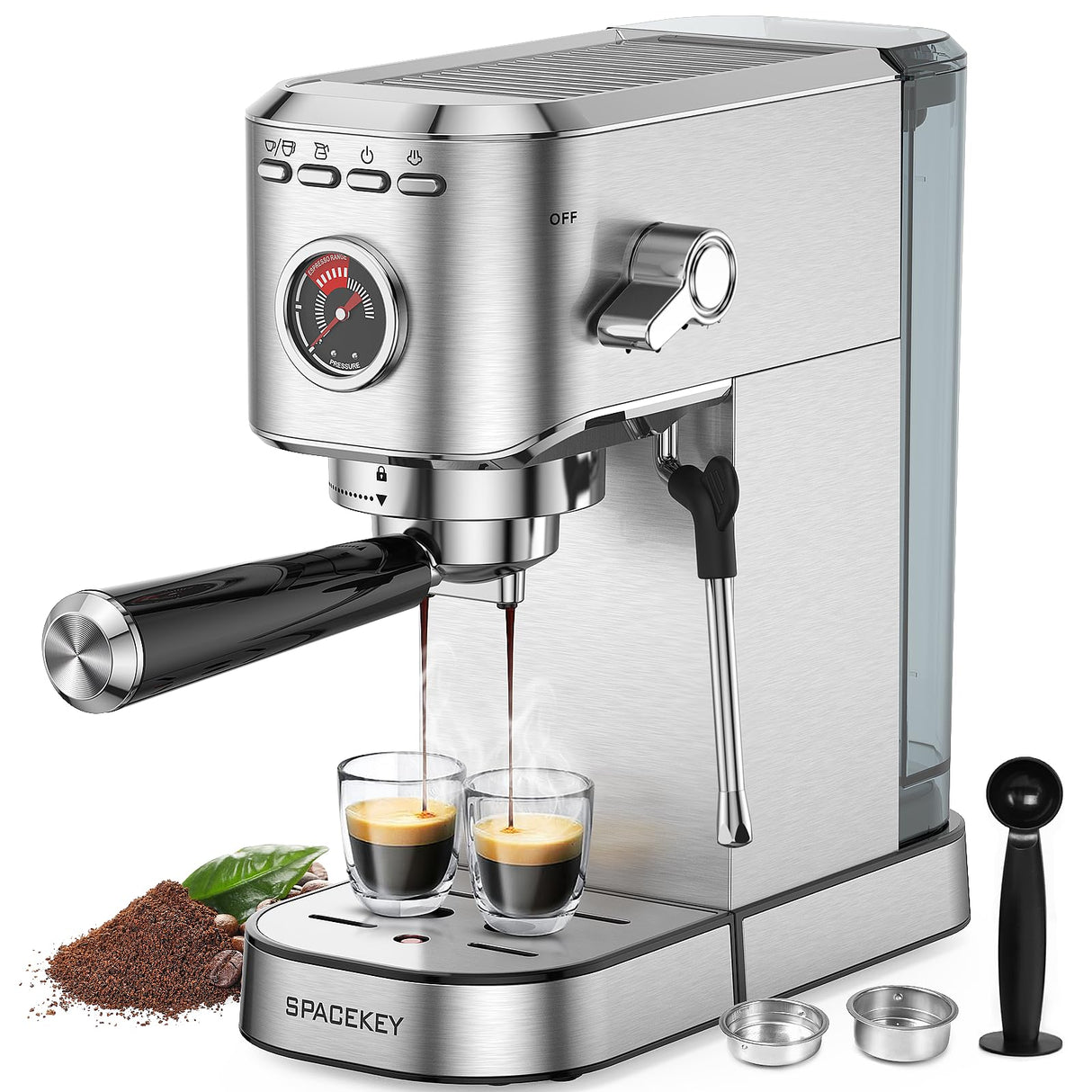 Spacekey Espresso Machine 20 Bar, Professional 1350W Espresso Maker with Milk Frother, Compact Stainless Steel Cappuccino & Latte & Americano Maker with 39oz Removable Water Tank, Silver Spacekey
