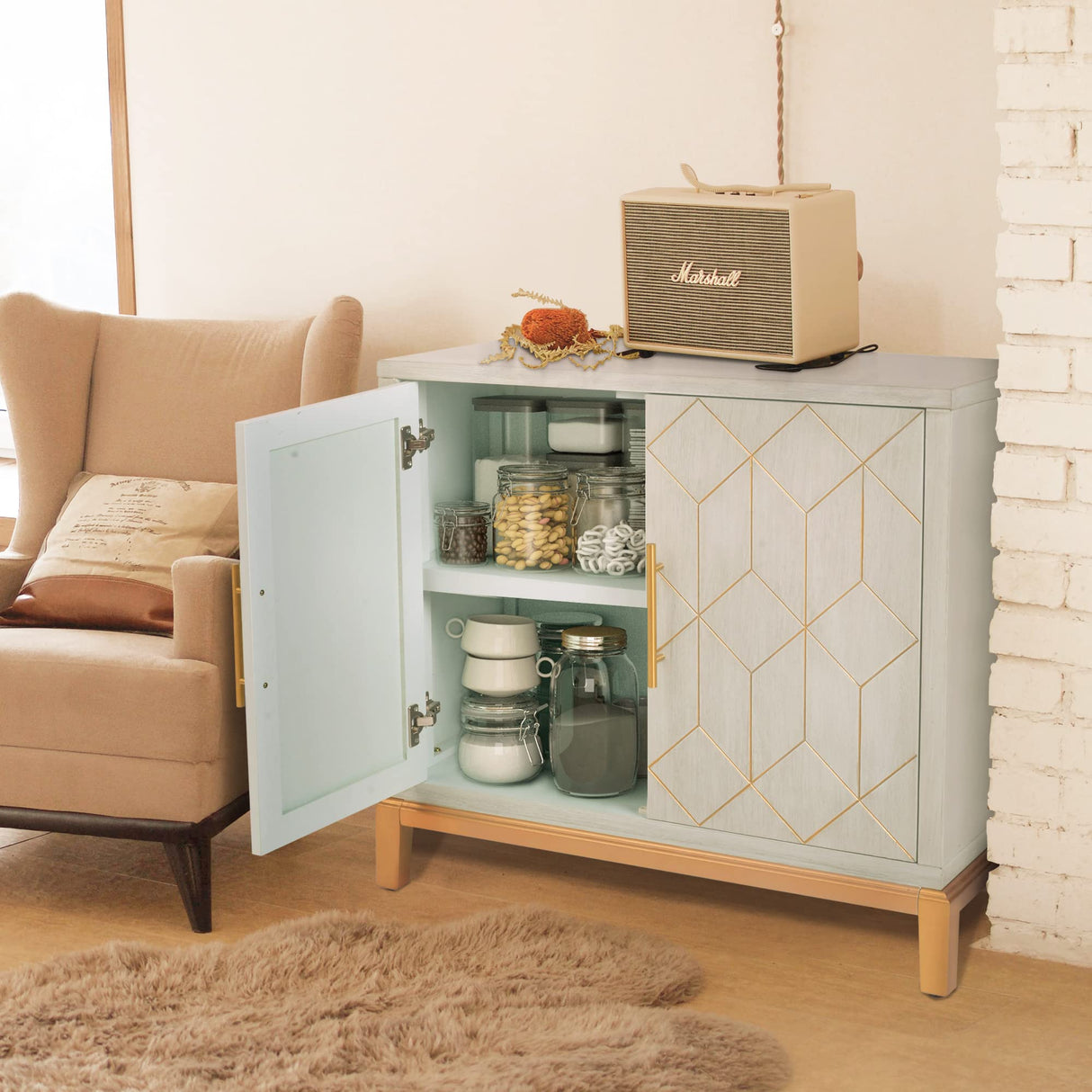 HLR Green Accent Cabinet with Gold Trim,Storage Cabinet with 2 Doors,Modern Wooden Sideboard for Living Room, Kitchen, Office and Hallway HLR