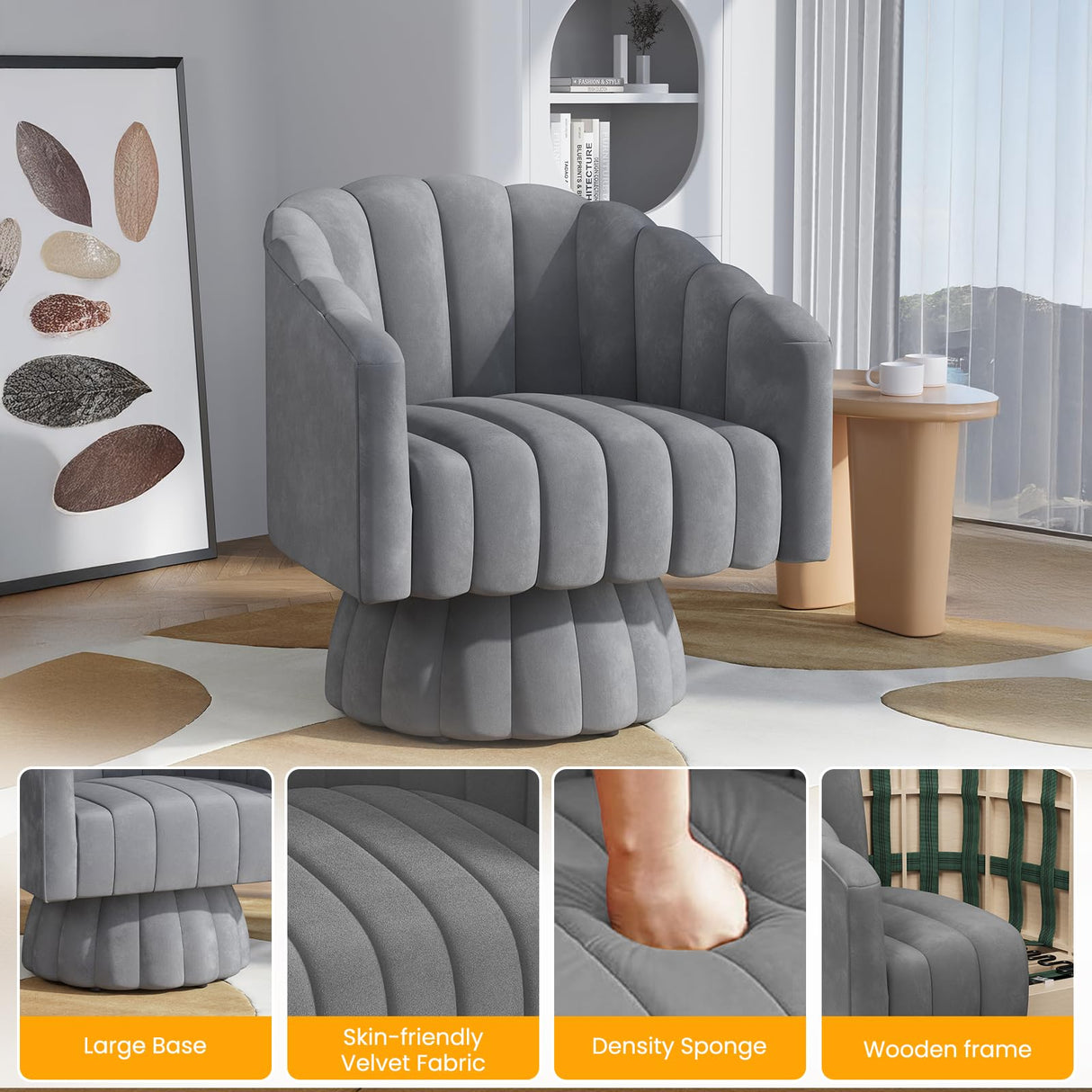 Apicizon Swivel Accent Chair Mid Century Modern Swivel Barrel Chair, 360 Degree Round Swivel Chair with Wide Upholstered, Velvet Accent Armchair Home Sofa Living Room Bedroom Office Gray Apicizon