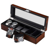 BEWISHOME Wooden Watch Box for Men - Luxury Watch Case, Real Glass Top, Smooth Faux Leather Interior, 6 Slot Watch Organizer,Brown SSH06Y BEWISHOME