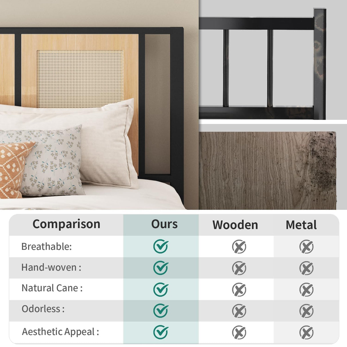 YITAHOME Natural Rattan Bed Frame King Size with Headboard and 2 Storage Drawers Underneath, Boho Cane Bed Platform Bed with Metal Slat, Noise Free, No Box Spring Needed YITAHOME