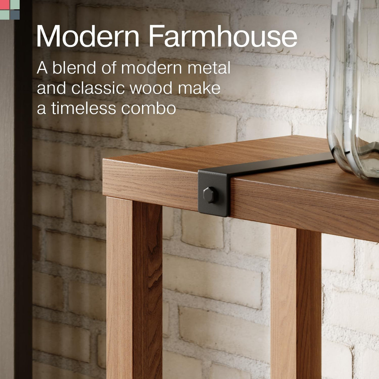Modern Farmhouse Entryway Table - Skinny Console Table with Storage & Metal Details – Behind Couch Sofa Table - Small Hallway Table - Wood Entry Table - Industrial Farmhouse Decor (Medium Oak Finish) Stead