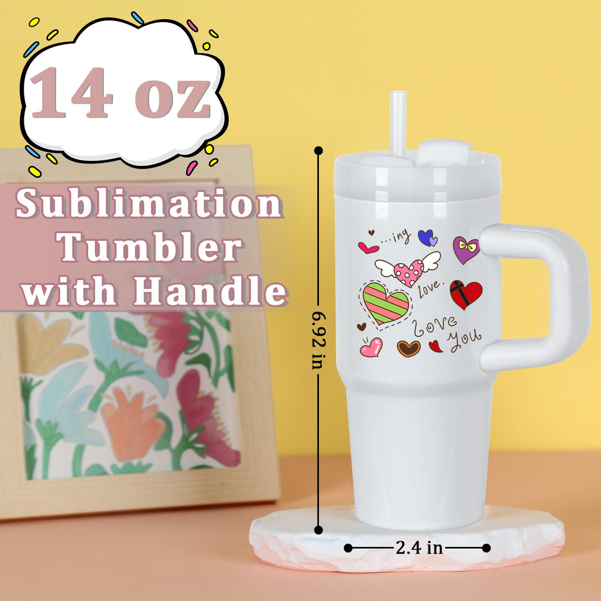 Muwnrol 4 Pack 14 Oz Sublimation Tumbler with Handle and Straw for Kids, Sublimation Tumbler Blanks Bulk, Stainless Steel Sublimation mugs, Individually Boxed Muwnrol