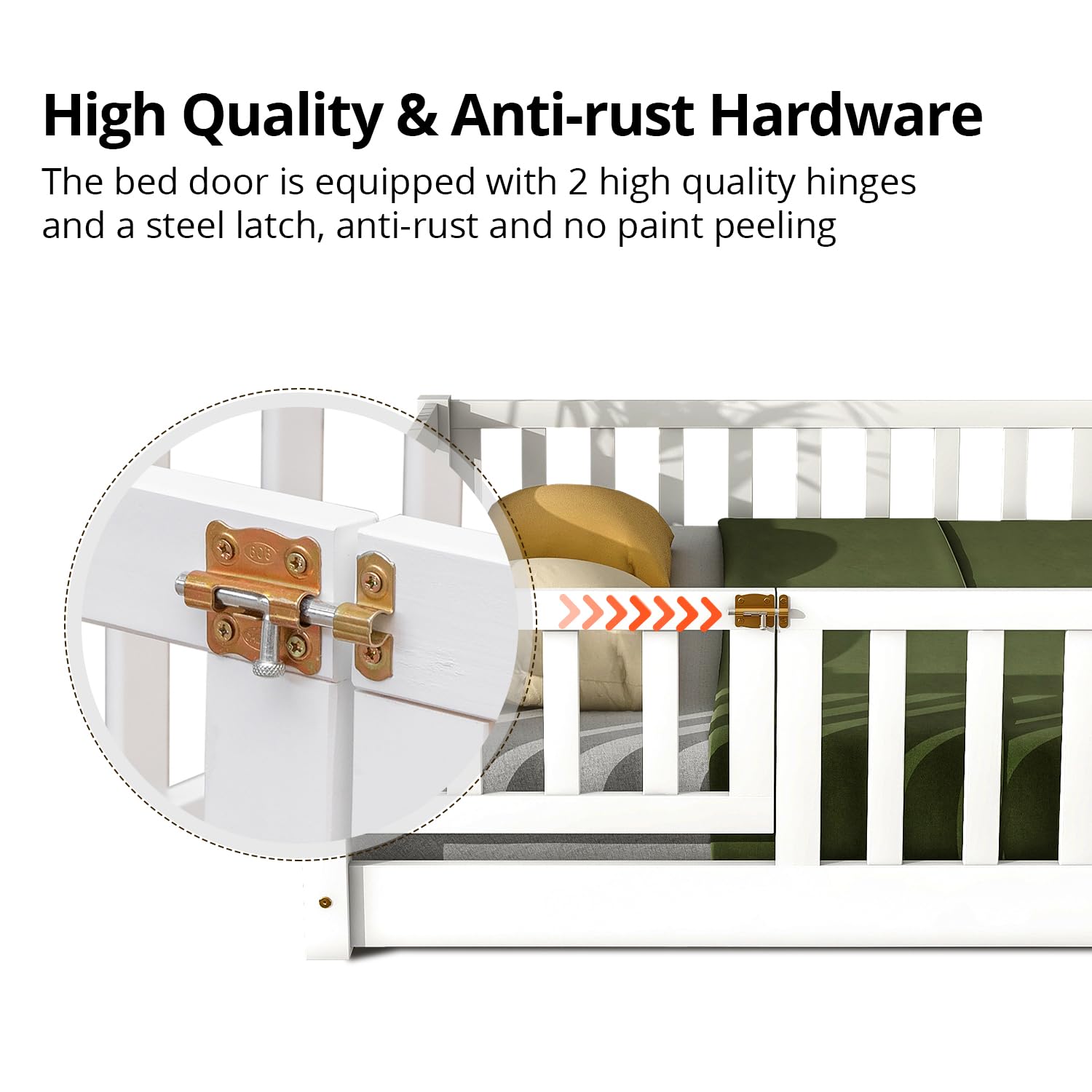 Durable Montessori Full Floor Bed with Safety Fence & Door for Kids in White - WoodArtSupply