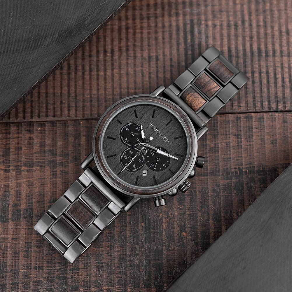 2win Engraved Wooden Watch for Men - Personalized with Custom Back Cover and Box Photo, Analog-Digital Display, Wood & Stainless Steel Band - WoodArtSupply