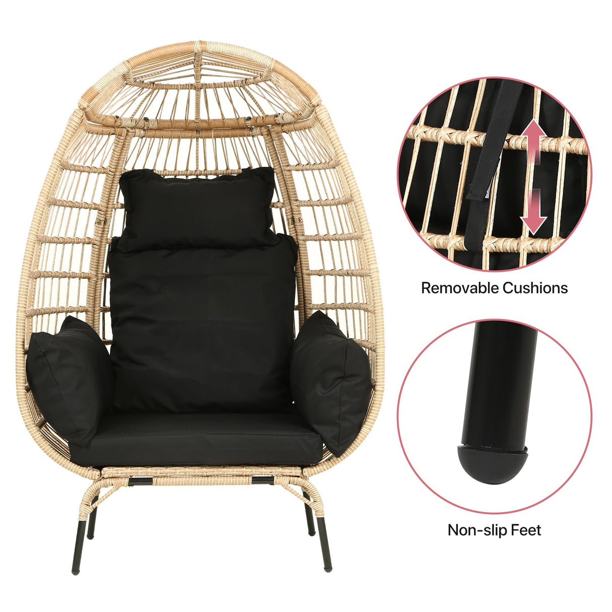 Dkelincs Wicker Egg Chair Indoor Outdoor Lounge Chair Patio Reading Chair Oversized Rattan Egg Chair for Patio, Backyard, Garden, Living Room w/ 4 Cushions Steel Frame, 352lb Capacity(Black) Dkelincs