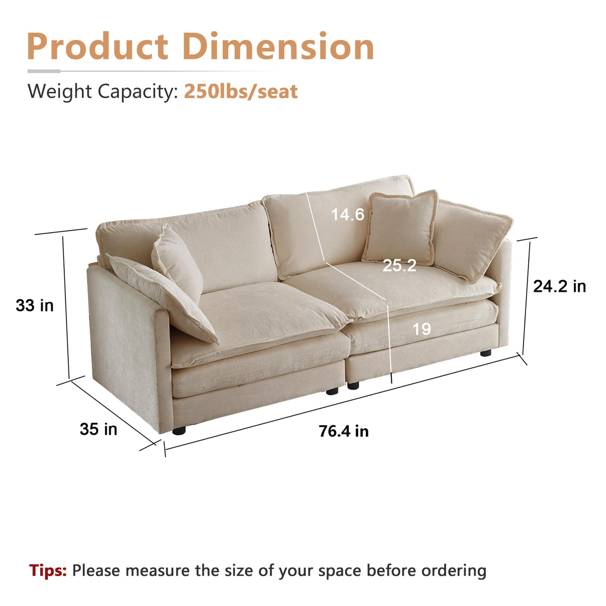 mikibama Luxury Loveseat Sofa Couch, 76" Modern Chenille Deep 2-Seater Cloud Couch with 2 Armrest Pillows and 2 Toss Pillows, Love Seat for Living Room Bedroom Office Apartment, Light Coffee mikibama