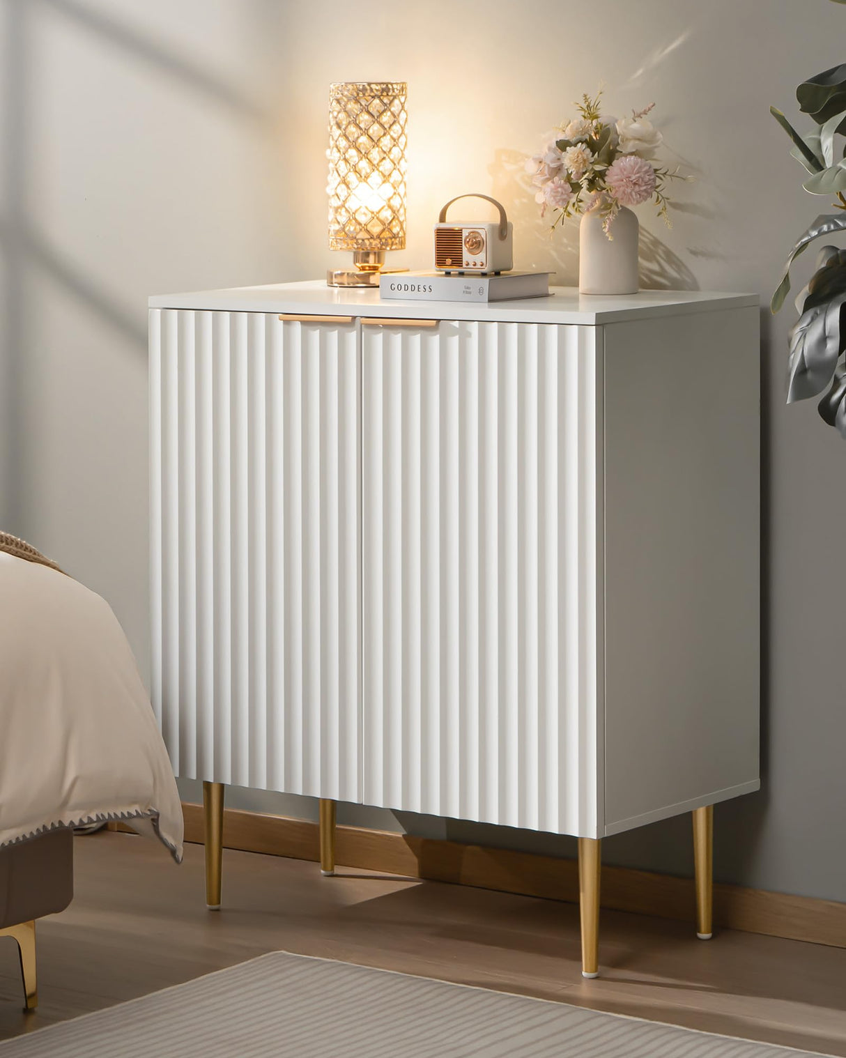 SICOTAS Fluted White Storage Cabinet Set of 2, Wood Sideboard Buffet Cabinet with Spray-painted Finish, Console Table with Wooden Credenza Accent Cabinet for Living Room, Dining Room, Entryway SICOTAS