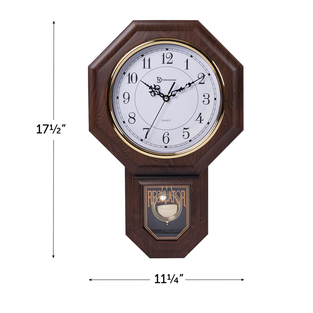Timekeeper Essex Westminster Chime Faux Wood Pendulum Wall Clock, 17.5" x 11.25", Walnut Timekeeper
