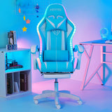 Gaming Chair with LED RGB Lights with Massage and Footrest Ergonomic Computer Chair High Back Video Game Chair with Adjustable Lumbar Support Linkage Armrest White and Blue HOFFREE
