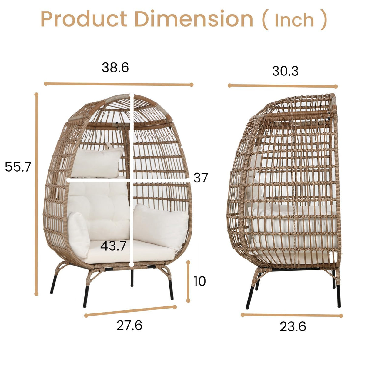 Egg Chair Outdoor Rattan Patio Egg Chair Hand-Woven Oversized Wicker Egg Chair Outdoor Indoor Lounge Chair with Padded Cushions Steel Frame for Living Room Backyard Patio Porch, White FDW