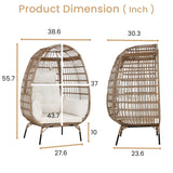 Egg Chair Outdoor Rattan Patio Egg Chair Hand-Woven Oversized Wicker Egg Chair Outdoor Indoor Lounge Chair with Padded Cushions Steel Frame for Living Room Backyard Patio Porch, White FDW