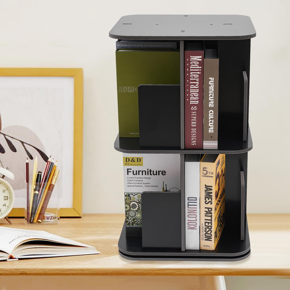 KONGKUNI Modern 2 Tier 360° Rotating Corner Bookshelf for Small Spaces - Stylish Black Desktop Bookcase KONGKUNI