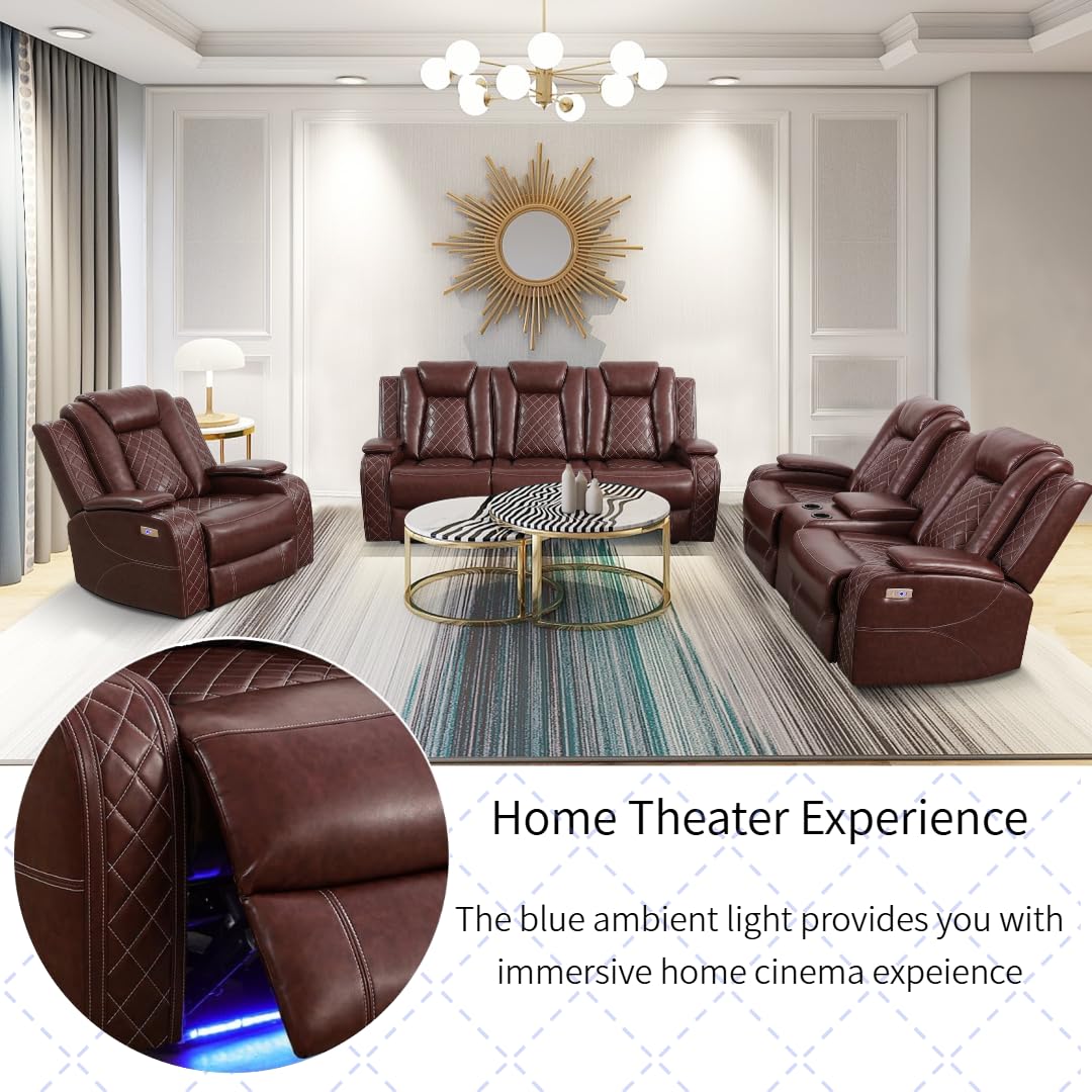 AYCP Furniture Power Recliner Set with LED Lights, Air Leather Reclining Set with USB Port/Wireless Charger/Storage Console/Cup Holder for House/HomeTheater/Apt (Burgundy, Sofa Loveseat Chair) AYCP Furniture