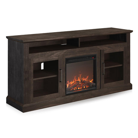 BELLEZE Modern 60" Traditional TV Stand with 18" Electric Fireplace Heater & Media Entertainment Center Console Table for TV up to 65" with Open Storage Shelves & Cabinets - Cayman (Brown) BELLEZE