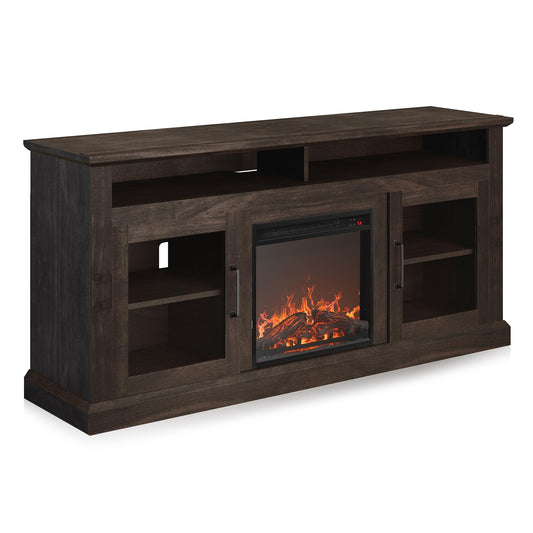 BELLEZE Modern 60" Traditional TV Stand with 18" Electric Fireplace Heater & Media Entertainment Center Console Table for TV up to 65" with Open Storage Shelves & Cabinets - Cayman (Brown)