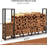 Shomextol 8ft Large Firewood Rack Outdoor, Heavy Duty Metal Wood Rack with Kindling Storage - For Indoor & Outdoor Fireplace, Wood Pile Organizer,Black Shomextol