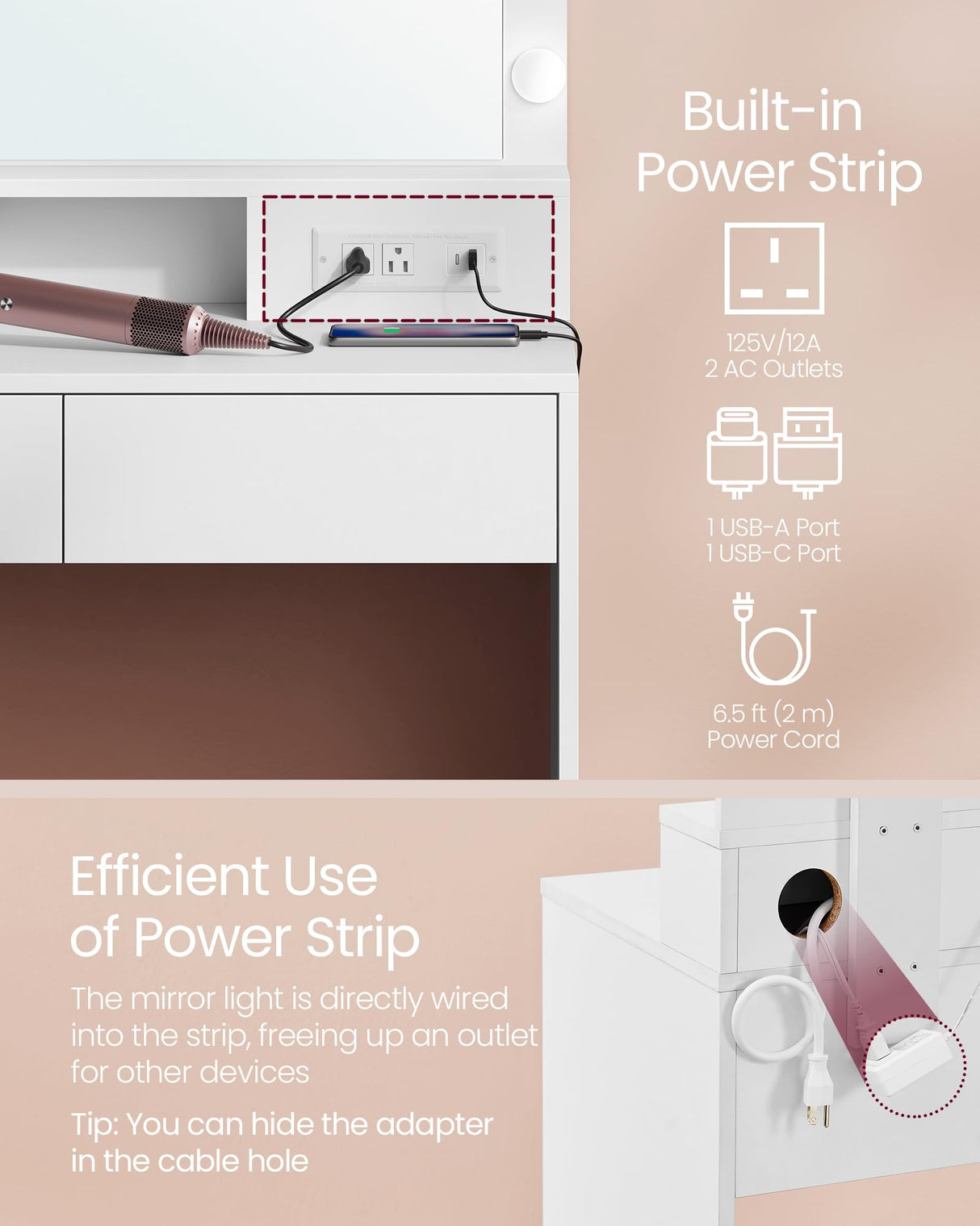 VASAGLE Vanity Desk with Power Outlets, Makeup Vanity with Mirror and Lights, with Upholstered Vanity Stool, 9 Dimmable LED Lights, 2 Compartments, 2 Drawers, for Bedroom, Cloud White URDT029W01 VASAGLE