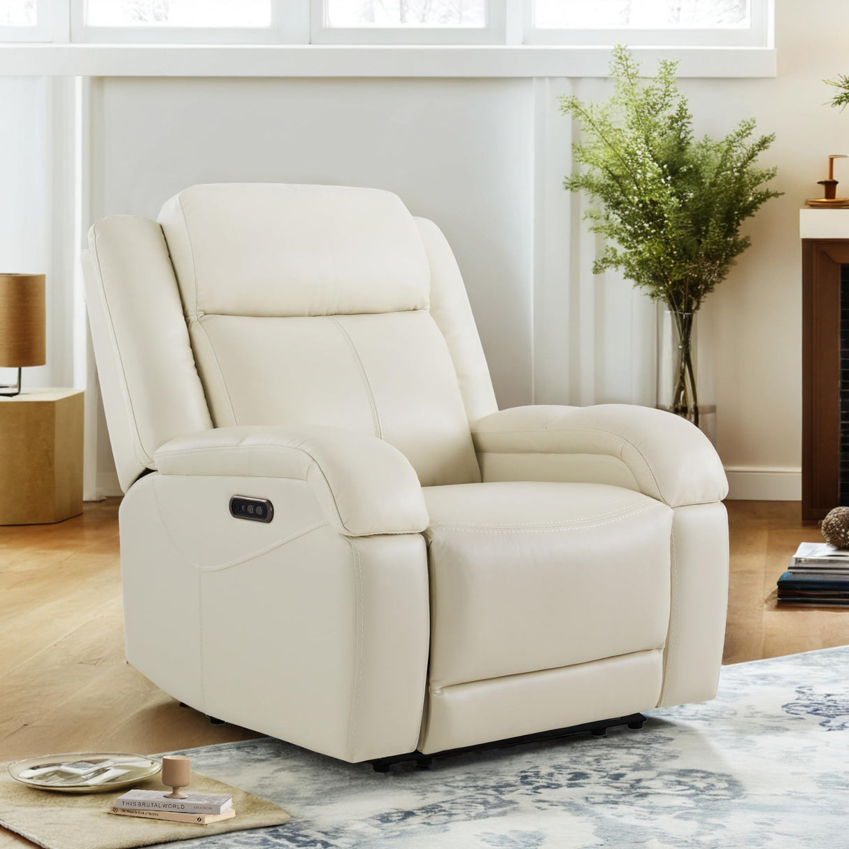 Watson & Whitely Genuine Leather Power Recliner Chairs for Adults, Wall Hugger RV Recliner with Power Headrest & Charging Ports, Electric Recliner Sofa Chair for Living Room, Cream Watson & Whitely