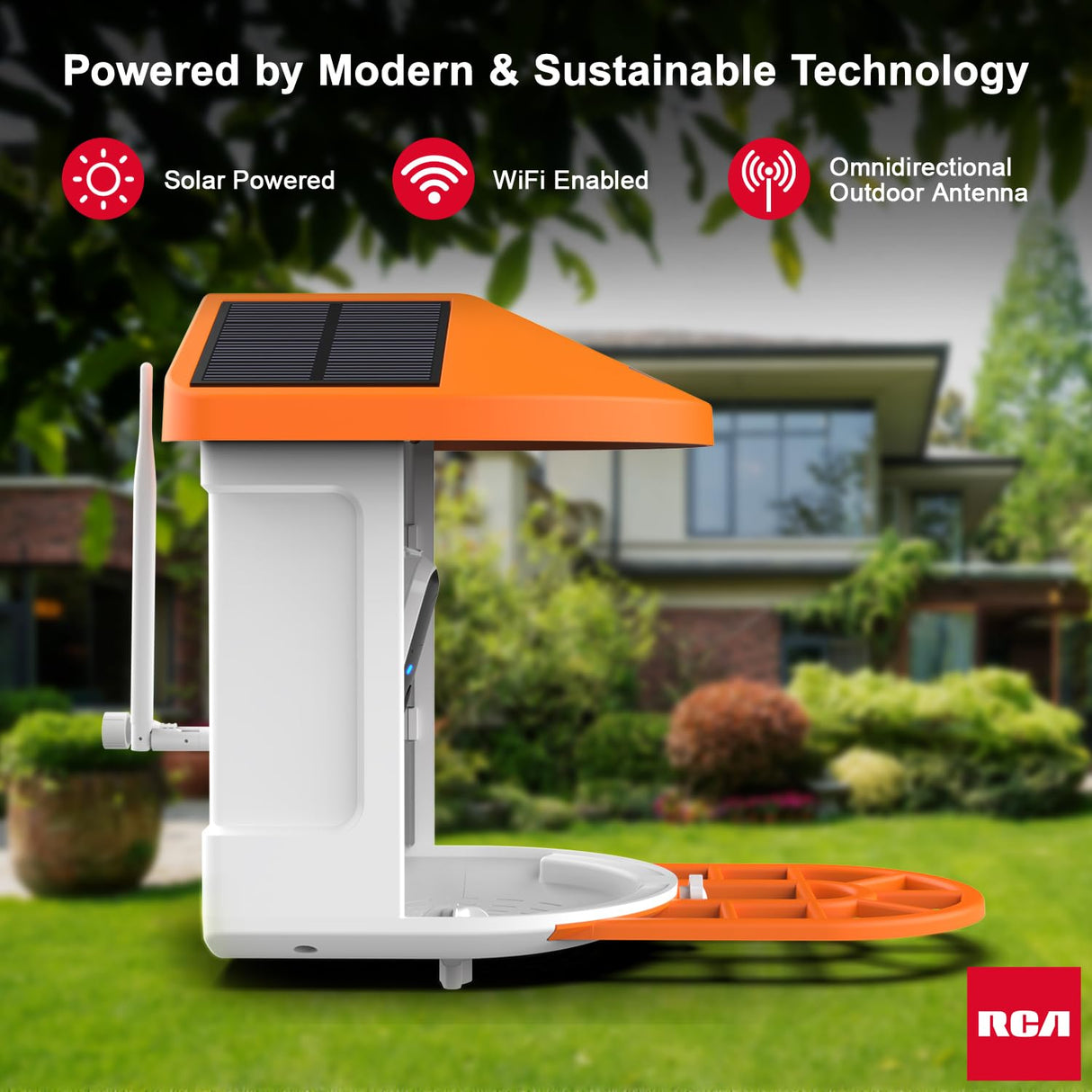 RCA Smart Bird Feeder with HD Camera – AI Bird Recognition Technology, Infrared Night Vision, Solar Powered, Two-Way Audio, Waterproof/Dustproof, WiFi-Enabled, Cloud Storage, App-Control RCA