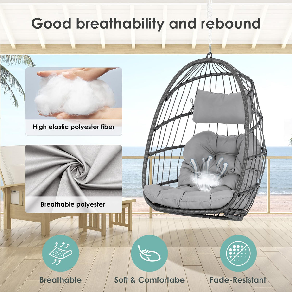 Hanging Egg Chair Without Stand - Foldable Indoor Outdoor Wicker Rattan Swing Egg Chair with Hanging Chain Hammock Chair - UV Resistant Cushions & Aluminum Frame for Bedroom Patio Camping (Grey) XIAO WEI