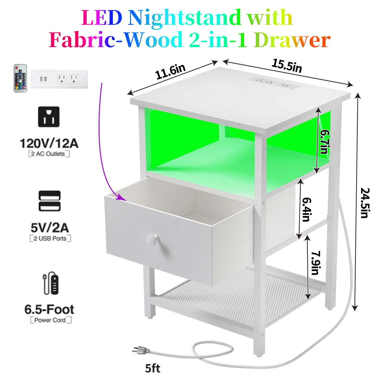 HDDDZSW LED Nightstands set of 2 with Charging Station, Bedside Tables with USB Ports and Outlets, End Table with Fabric-Wood 2-in-1 Drawer for Small Spaces, White Side Table for Bedroom, Living Room HDDDZSW
