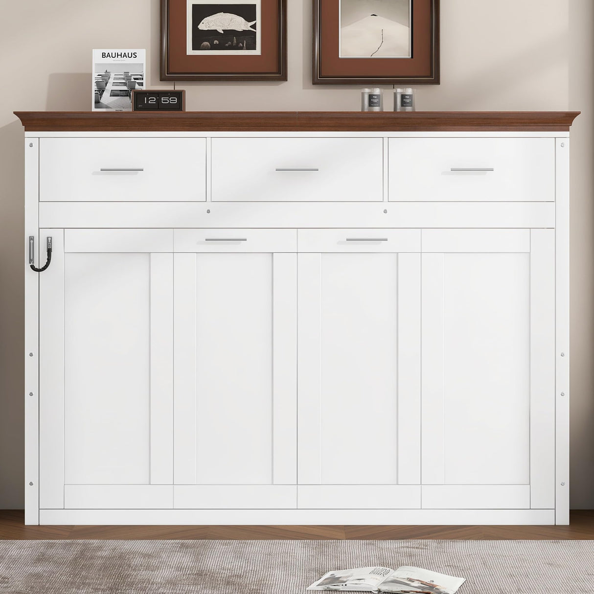 SOFTSEA Twin Size Horizontal Murphy Bed with Storage Drawers, Foldable Wall Bed with Walnut Top, Twin Hideaway Cabinet Bed Space-Saving for Guest Room Bedroom Office, White SOFTSEA