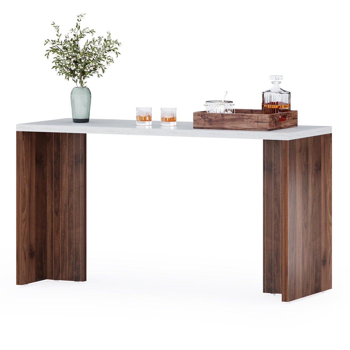 LITTLE TREE Home Bar Table, 55-Inch Long Counter Height Pub Table with a Faux Marble Finished Tabletop, Narrow Rectangular Indoor Bar Unit for Home, Kitchen, White & Walnut LITTLE TREE