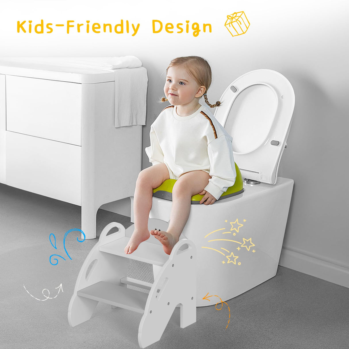 Ndahjahd Wooden Toddler Step Stool for Bathroom Sink,2 Step Stool for Kids,Kitchen Standing Tower,Children Learning Helper Stool with Safety Handles,Cute Kids Step Stool for Potty Training,Gray Ndahjahd