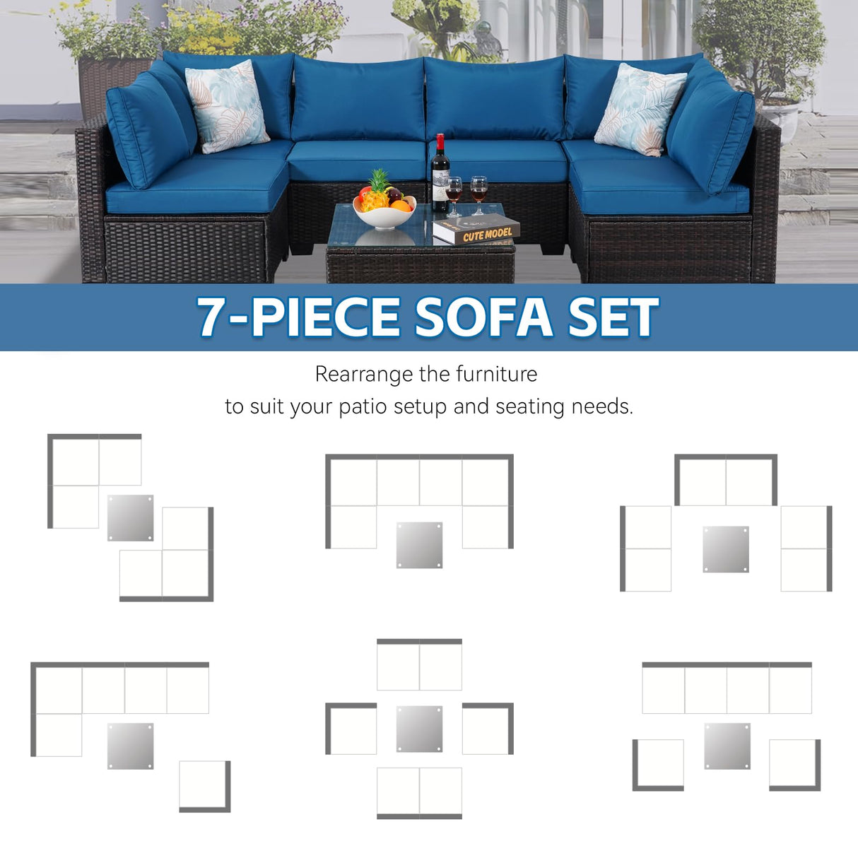 PAIQIAN 7 Piece Patio Furniture Set, Sectional Sofa Set Outdoor Rattan Patio Outdoor Sectional, Rattan Chairs Glass Table Seating Sectional Sofa with Cushions (Brown Blue) PAIQIAN