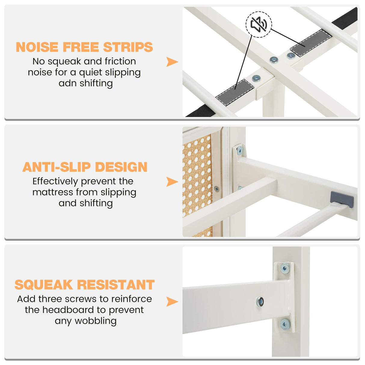 GAOMON Queen Size Bed Frame with LED Lights and Rattan Headboard, Modern Rattan Platform Bed, Heavy Duty Bed Frame with Metal Slat Support, No Box Spring Needed, Easy Assembly, White GAOMON