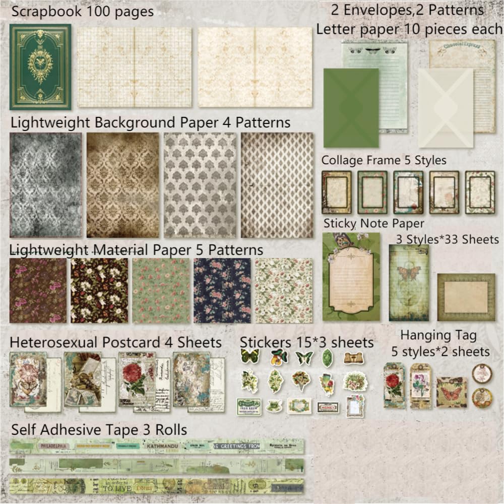 Diuhofart Vintage Scrapbooking Supplies Kit, 185pcs Junk Journal Kit with Scrapbook Paper Sticker Aesthetic Notebook Scrapbook Kit, Art Craft DIY Gift for Adult Women Diuhofart