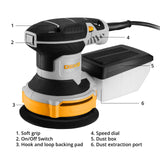 Orbital Sander Corded Hand Sander: DEKOPRO 20V 5" Random Orbital Sander with Dust Box, 6 Various Speeds Electric Palm Sander with Dust Box, 16Pcs Sandpapers for Woodworking & Sanding-Yellow DEKOPRO
