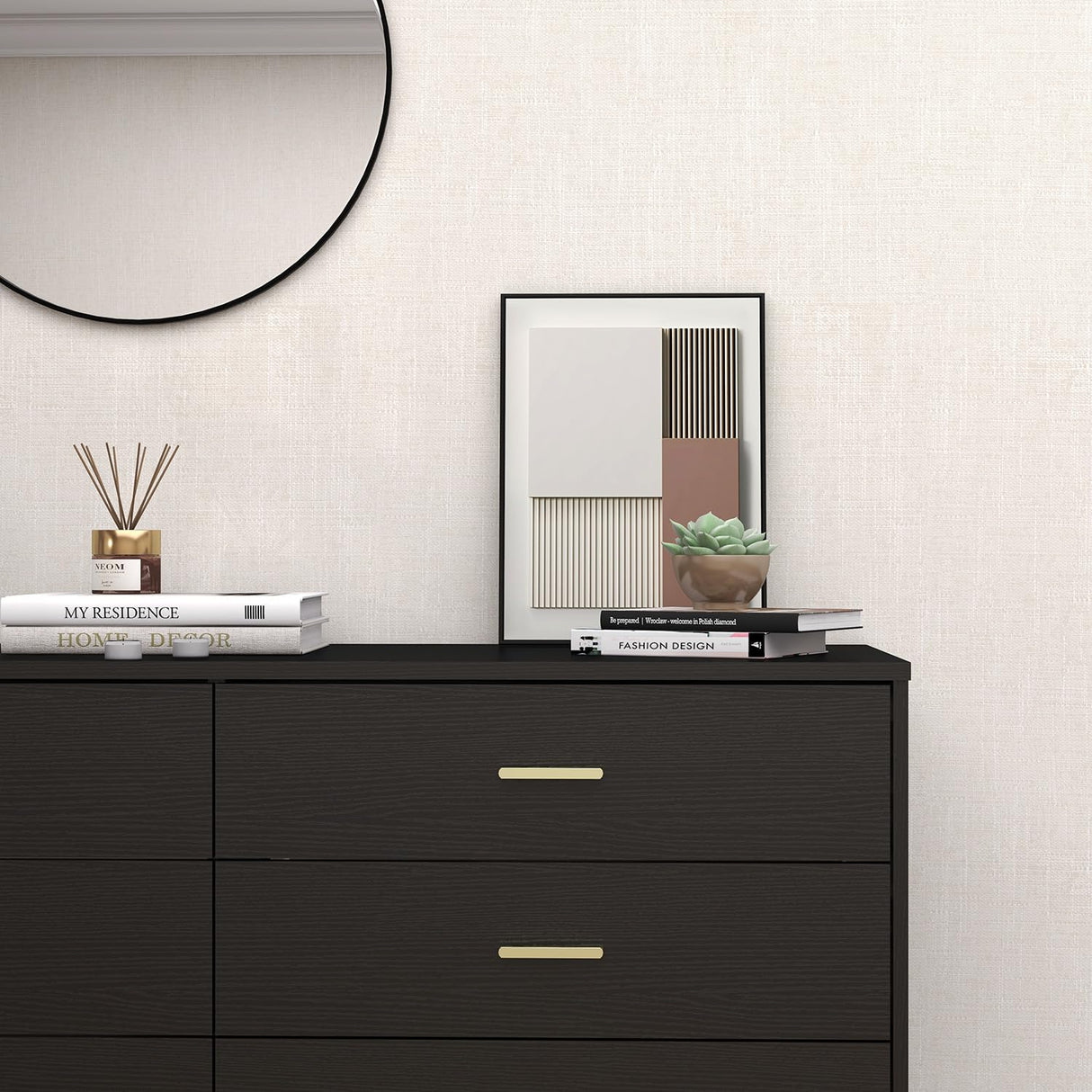 Panana 8 Drawer Wood Lateral Dresser, Big Wide Chest of Drawers Storage Organizer with Metal Gold Handles Home Bedroom (Black) Panana