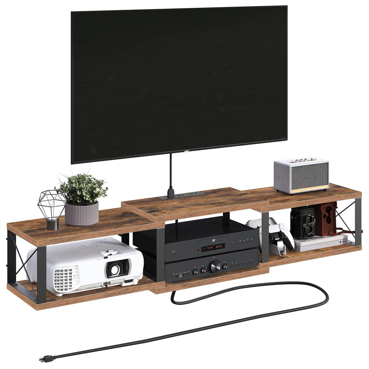 MAHANCRIS Floating TV Stand with Power Outlet, Wall-Mounted Entertainment Console Center with Storage, Floating TV Shelf for Under TV Storage, for Living Room, Bedroom, Rustic Brown TVHR101E01 MAHANCRIS