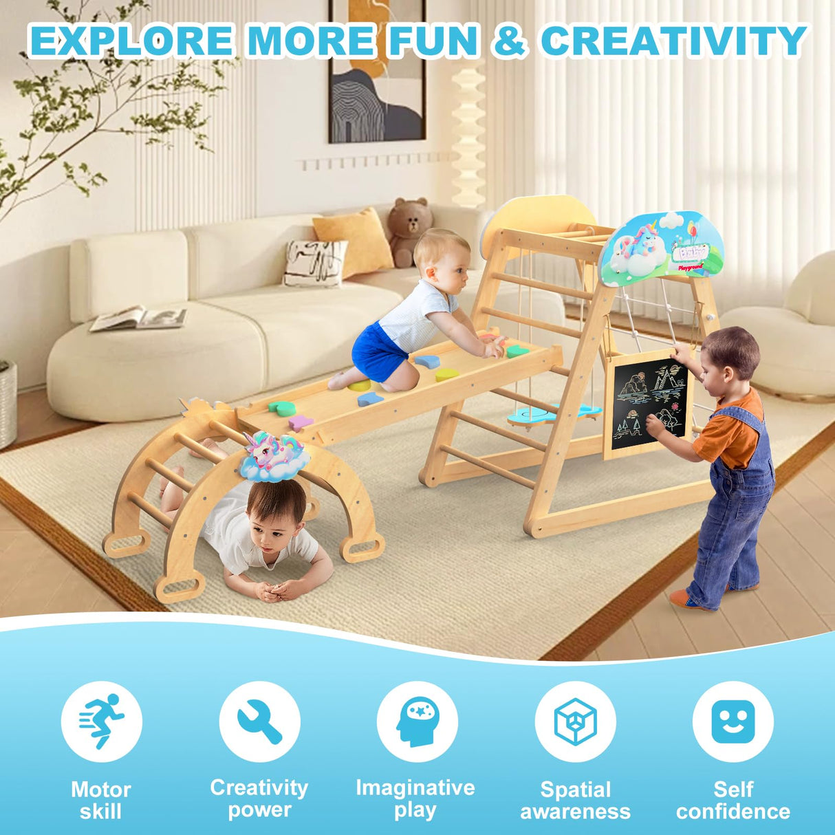 HAFTKD Pikler Triangle Set, 10 in 1 Wooden Climbing Toys for Toddlers, Montessori Indoor Climbing Ladder Gym with Slides, Climbing/Net, Arch Swing HAFTKD