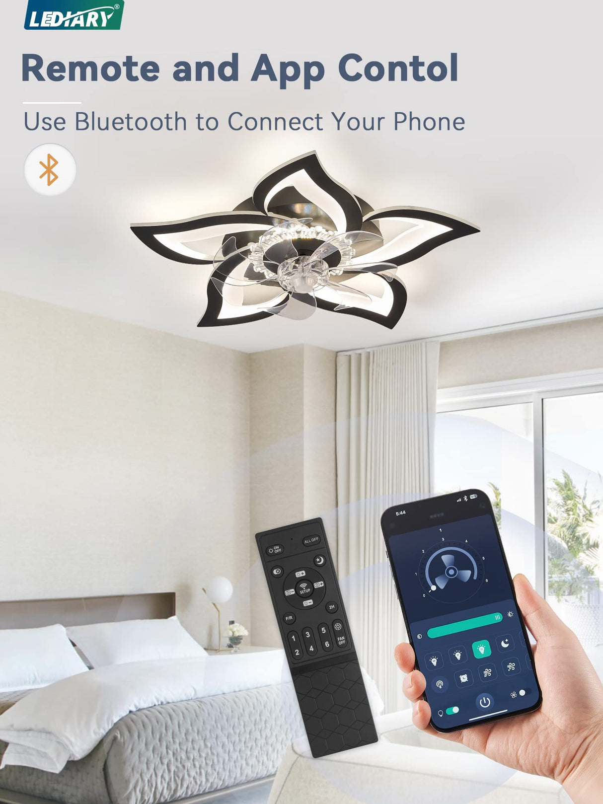 LEDIARY Flower Ceiling Fans with Lights, Small 27 Inch Modern Low Profile Ceiling Fan, Dimmable LED Ceiling Light Fixture, Flush Mount Ceiling Fans with Remote for Bedroom, Kitchen, Indoor-Black LEDIARY
