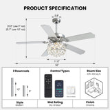 CROSSIO 52" Crystal Ceiling Fan with Light Dimmable LED Chandelier Ceiling Fan Modern Reversible Ceiling Fan Light Fixture with Remote for Bedroom Dining Room Living Room Chrome CROSSIO