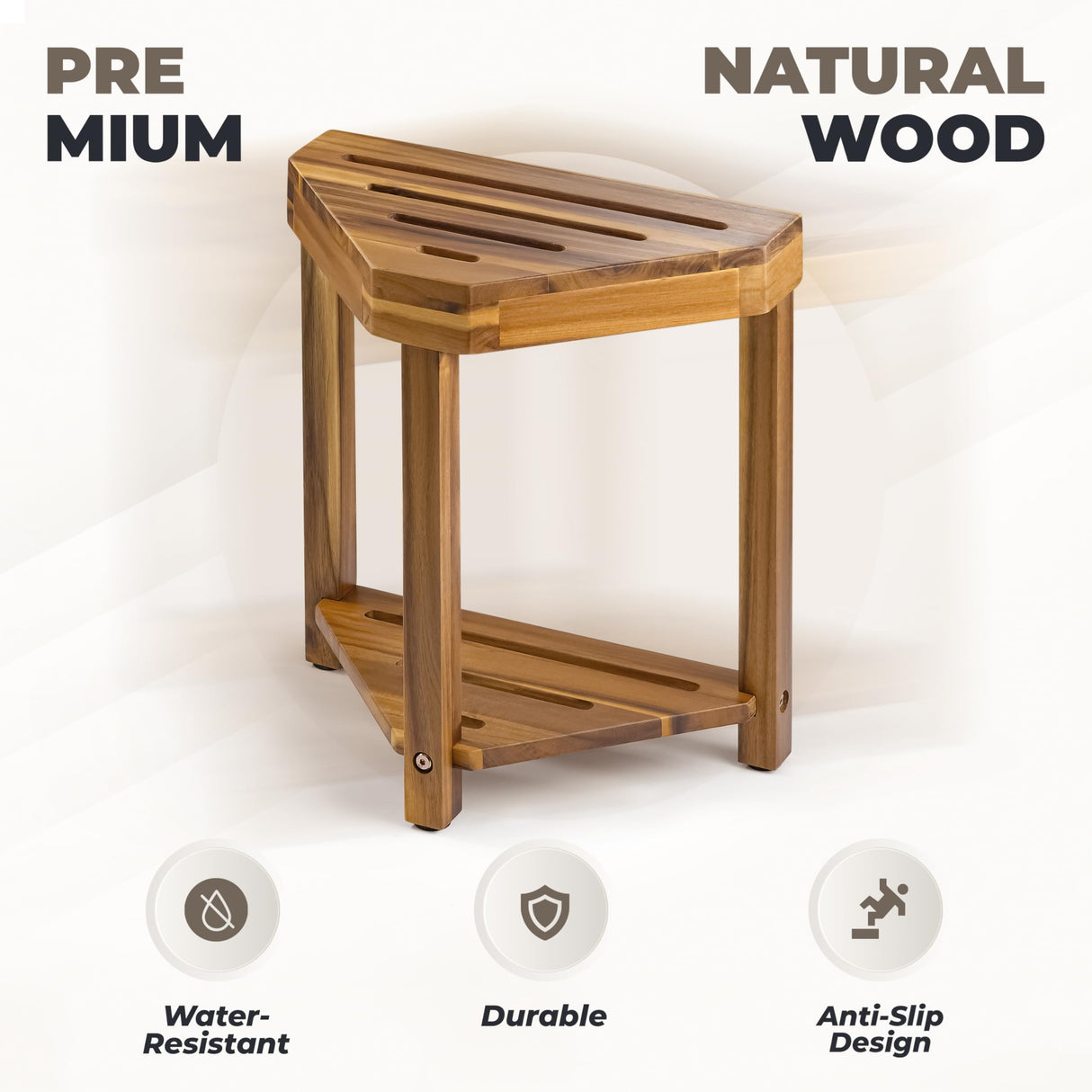 BLUEWEST Shower Foot Rest, Corner Shower Stool, Wooden Shower Foot Stool for Shaving Legs Inside Shower, Waterproof Shower Foot Rest with Storage Shelf for Small Shower Space, Shower Seats and Benches BLUEWEST