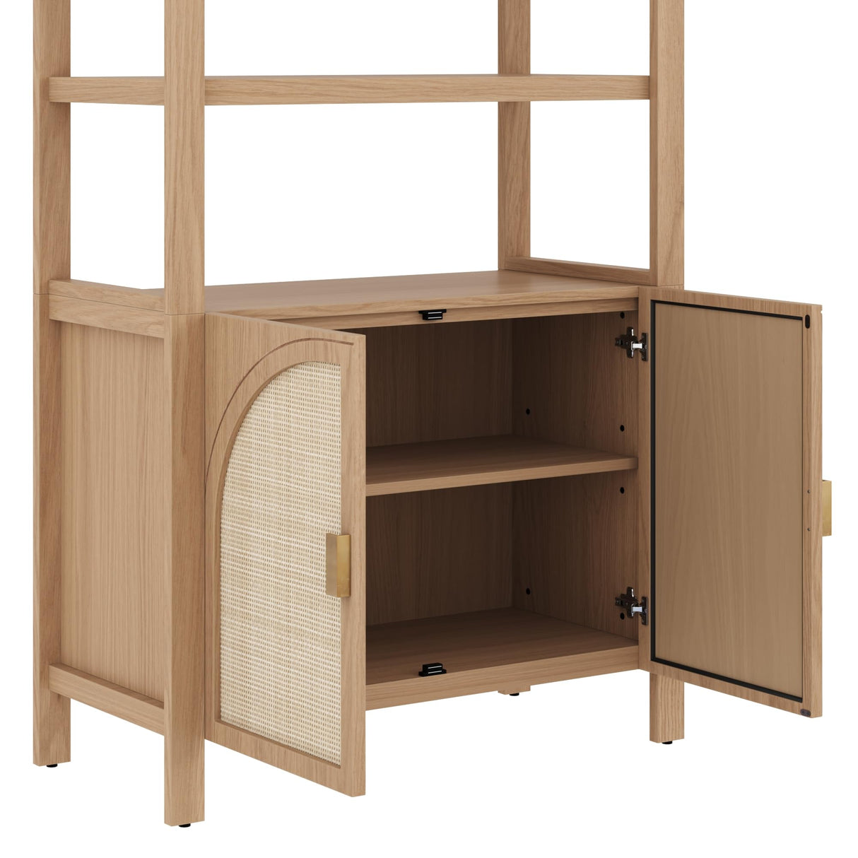 Nathan James Paxton Mid-Century Modern Arched Bookshelf Cabinet with Solid Wood Frame and Rattan Base, Raw Oak Nathan James