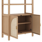 Nathan James Paxton Mid-Century Modern Arched Bookshelf Cabinet with Solid Wood Frame and Rattan Base, Raw Oak Nathan James